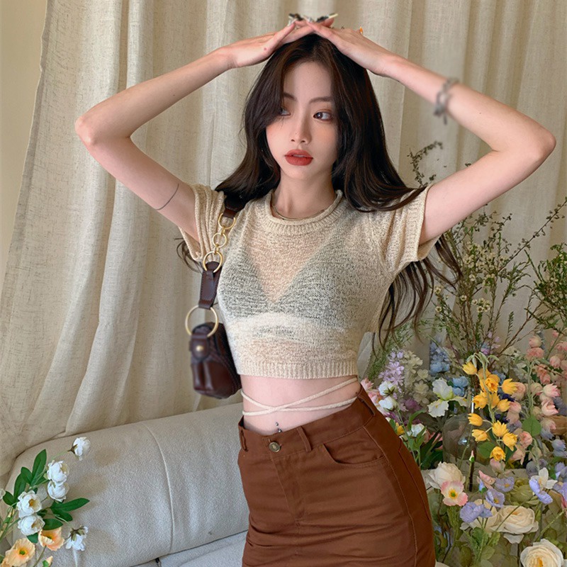 Áo Thun Lửng Tay Ngắn Cổ Tròn Lưng Thắt Dây Thời Trang Cho Nữ