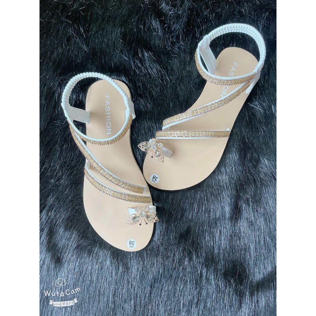 Giày (Dép) Sandal nữ xỏ ngón 2 quai chéo đính đá đế bệt, dép quai hậu học sinh đi học. đi chơi, đi biển