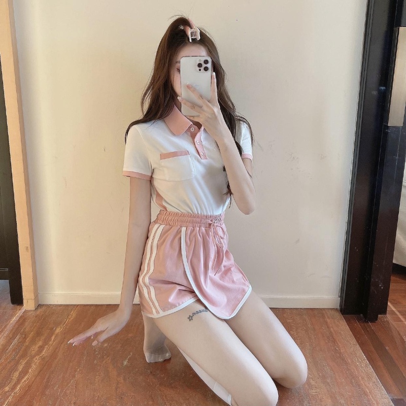 COZOK Set Áo Thun Ngắn Tay Màu Sắc Tương Phản + Quần short Lưng Cao Thời Trang Cho Nữ