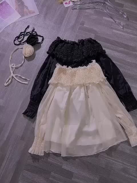 [ Có quà tặng cột tóc]                                      Áo trễ bẹt vai  nữ, áo tay dài kiểu 2 lớp kèm hoa cổ   VD965 | BigBuy360 - bigbuy360.vn