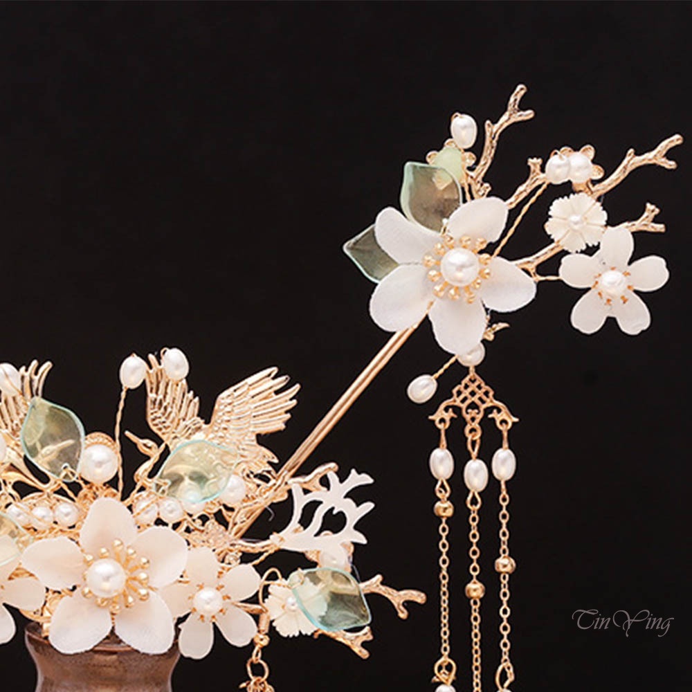 Trâm cài tóc GETNOIVAS hình vương miện phối tua rua phong cách Trung Hoa cổ điển cho cô dâu