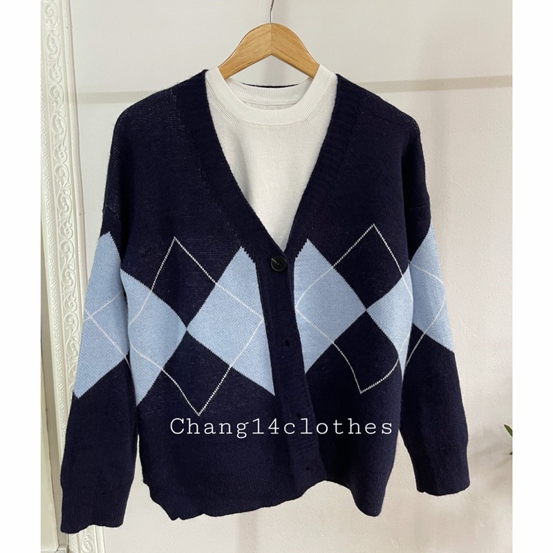 Áo khoác len nữ  Cardigan Dệt Kim Tay Dài Cổ Chữ V Họa Tiết Hình Thoi Phong Cách Hàn Quốc form rộng sẵn xanh | BigBuy360 - bigbuy360.vn