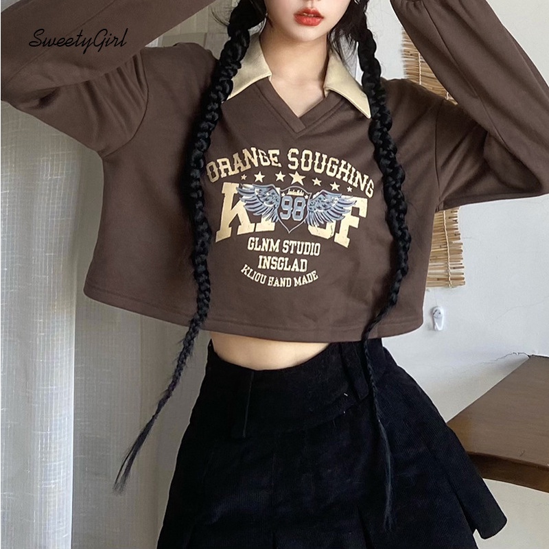 Áo Thun Tay Dài Cổ Chữ V Dáng Rộng In Chữ Phối Màu Tương Phản Thời Trang 2022 Cho Nữ