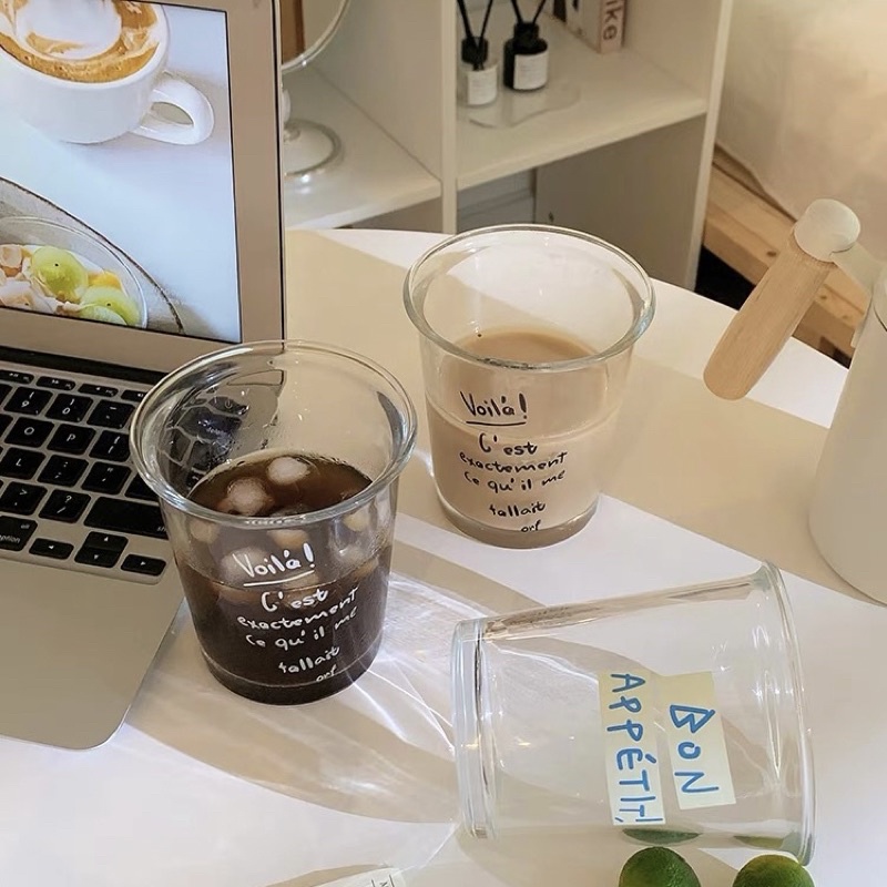 Cốc Thuỷ Tinh Miệng Loe dáng Thấp in chữ Pháp, Ly Thuỷ Tinh dày dặn uống nước, pha cà phê