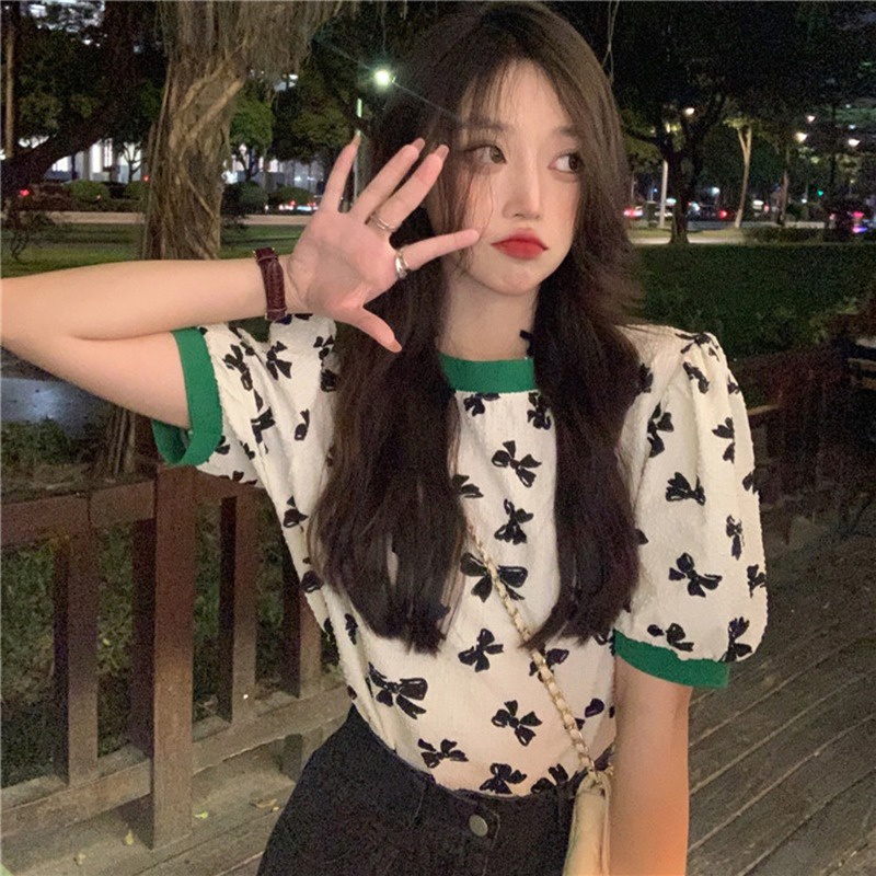 Áo thun ZHELIHANGFEI tay phồng ngắn dáng rộng in hình nơ thời trang hè mới 2022 cho nữ