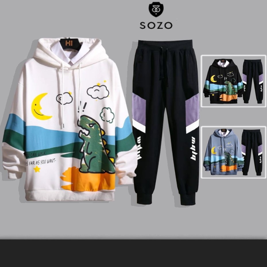 Set Bộ 2 Món Quần Dài + Áo Hoodie Nón Nam Nữ Unisex Chất Vải Nỉ CB2_MQU076THDEF6_WAH033NO (Dọc Tím Mula + Khủng Long)
