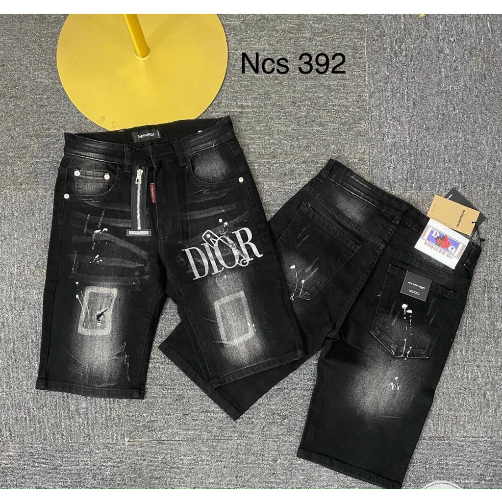 Quần short jean nam đen rách vẩy sơn thêu LOGO chất jean cao cấp sang trọng
