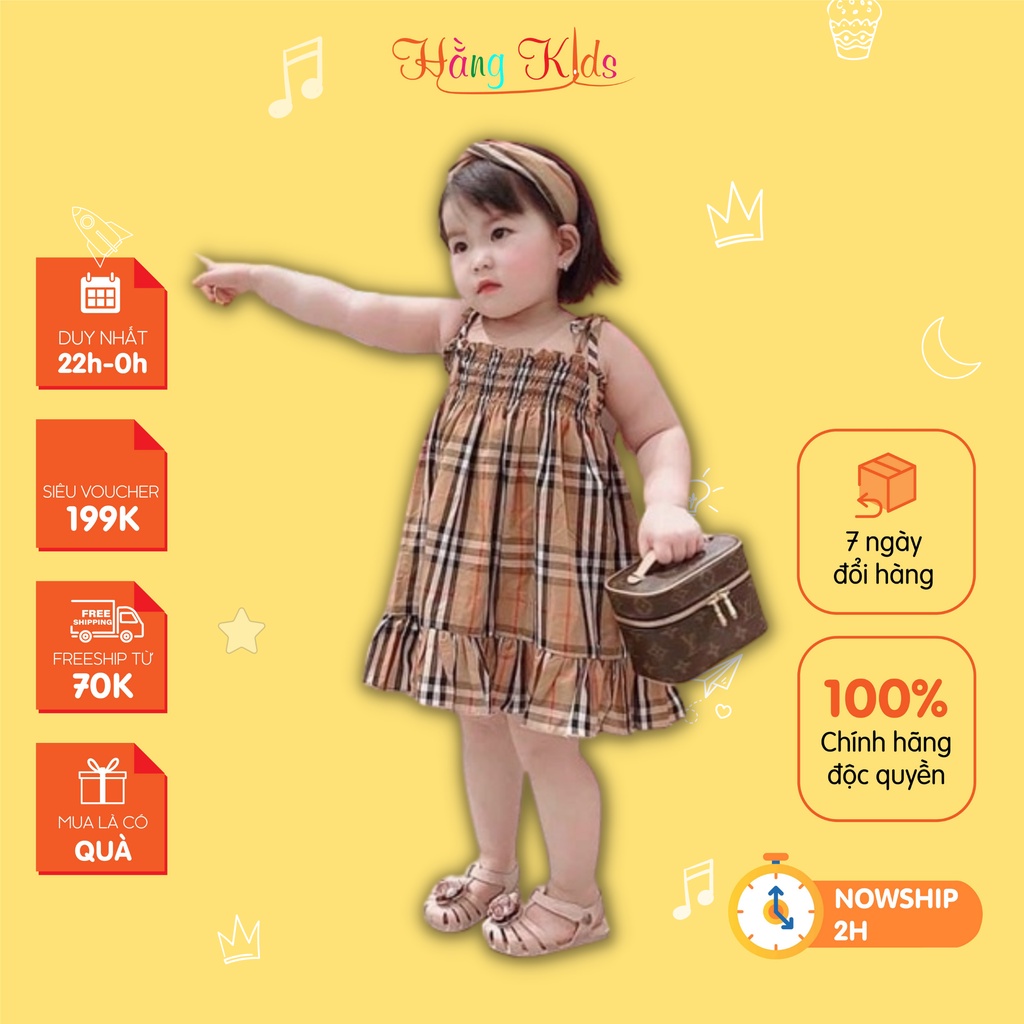 Váy buberry cho bé, đầm 2 dây bé gái kèm mũ tuban họa tiết caro chất thô mềm mịn (X26)