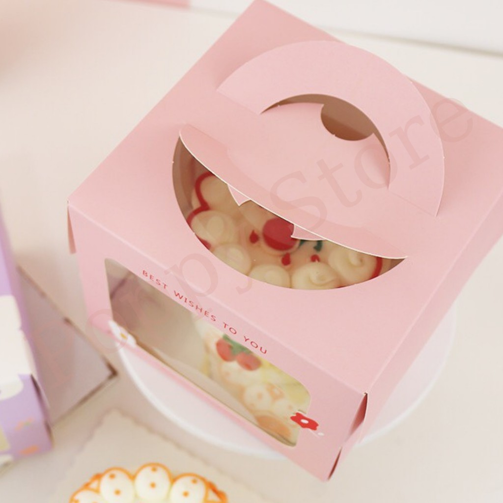 Hộp đựng bánh kem sinh nhật, tặng kèm đế bánh, kích thước 16x16x12cm, phong cách dễ thương, màu sắc pastel - POPPY STORE