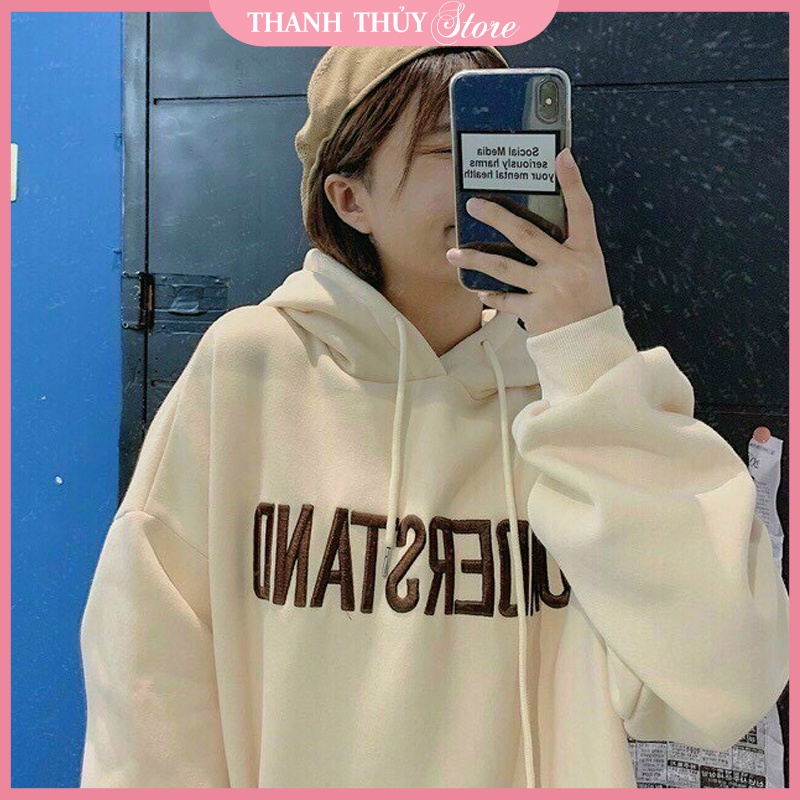 Áo hoodie nữ vải nỉ thêu chữ Understand. Áo nỉ Croptop tay phồng dày dặn Freesize