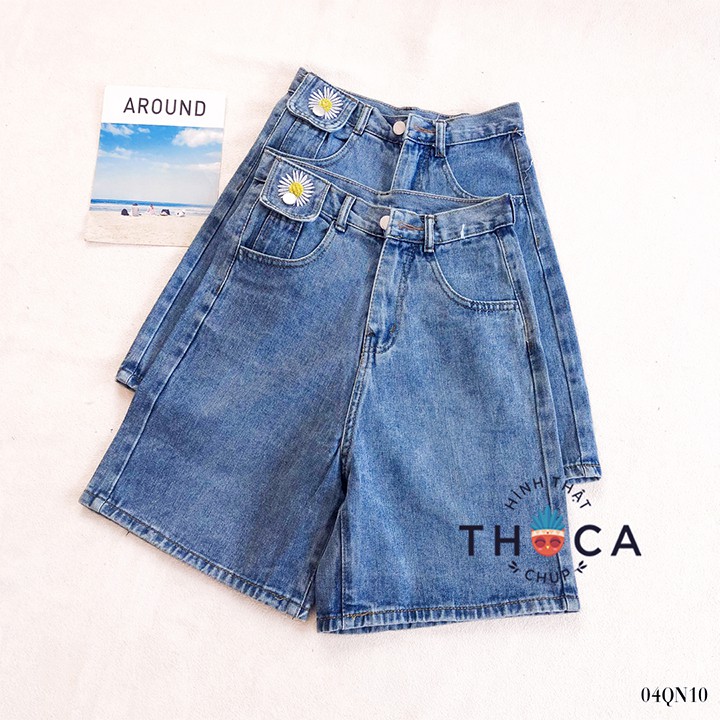 Quần jeans ngố nấp thêu hoa cúc xanh THOCA HOUSE xinh xắn, vải dày dặn, mát mẻ ngày hè