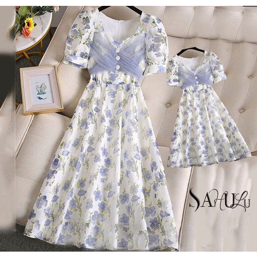 set đôi mẹ bé mẫu đầm hoa nhí tím phối ren nhẹ nhàng dịu dàng [sahulu]