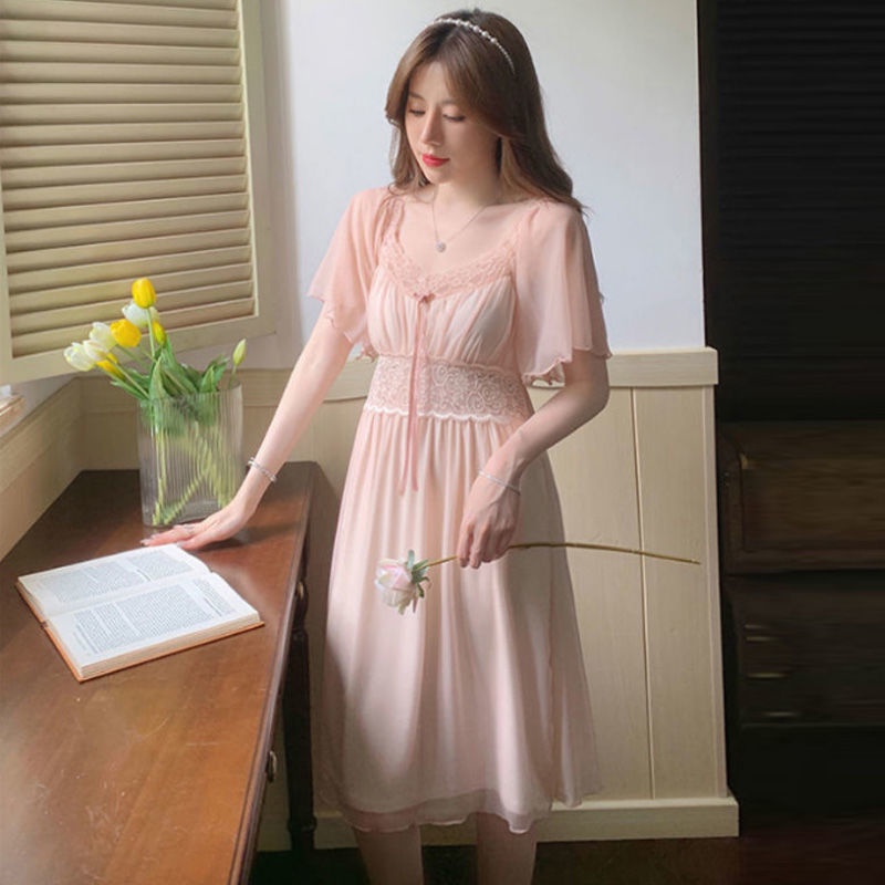 Đầm Ngủ Tay Ngắn Phối Lưới Có Đệm Ngực Thoải Mái Thời Trang Mùa Hè 2022 Phong Cách Mới Cho Nữ