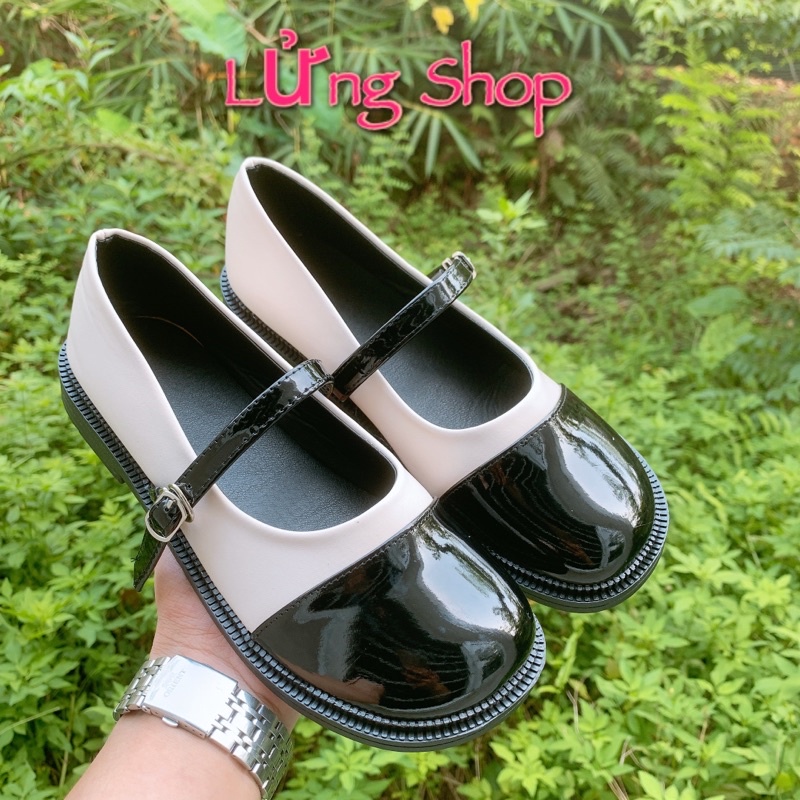 Giày đốc nữ Lửng Shop chất da mềm, giày búp bê cài khuy ngang đế thấp