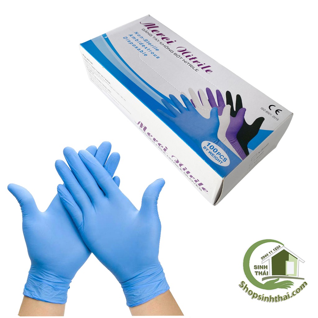 Găng tay cao su y tế Merci Nitrile - hộp 100 cái - loại cao cấp màu xanh không bột