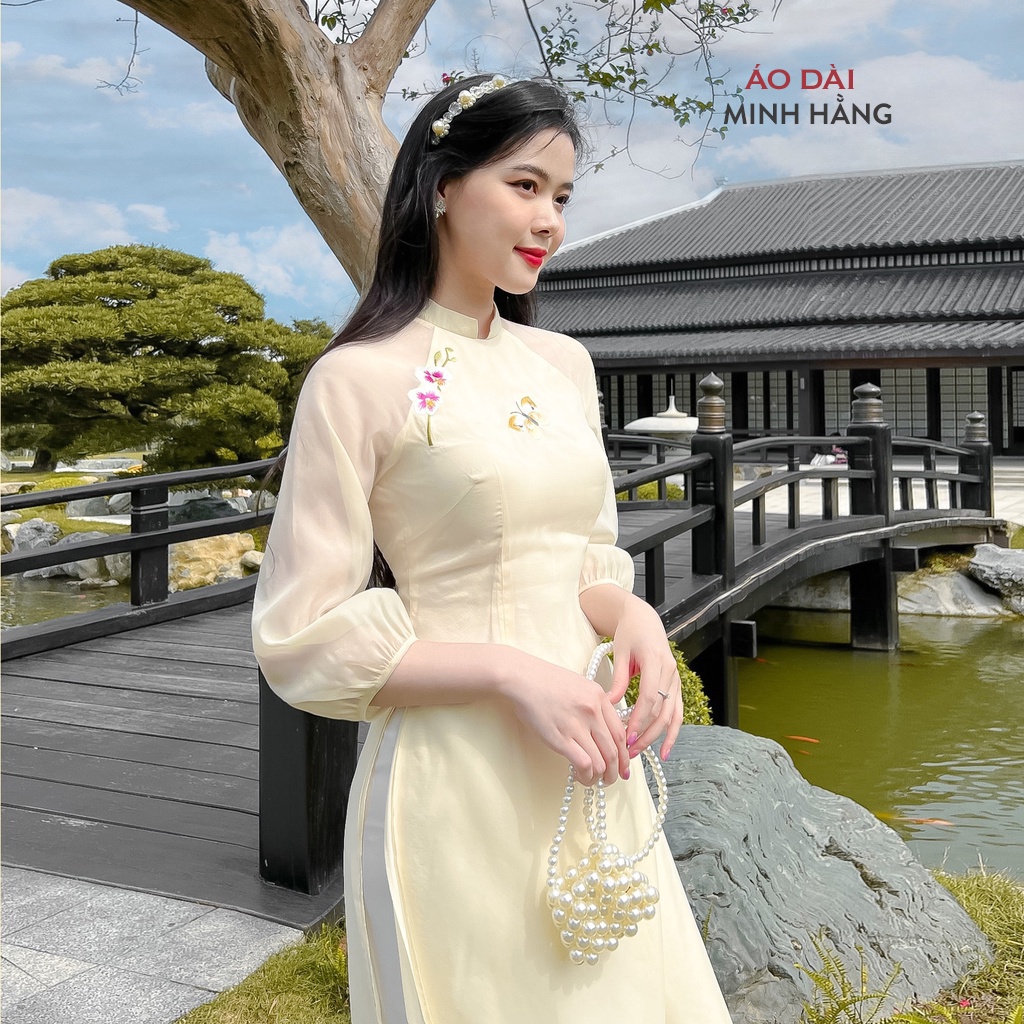 Áo dài nữ cách tân 4 tà thêu lan điệp hai lớp thủ công_ Áo Dài Minh Hằng