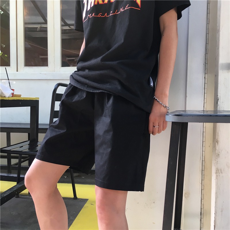 Harajuku solid color versatile five-point pants Loose couple drawstring leisure Unisex shorts tide