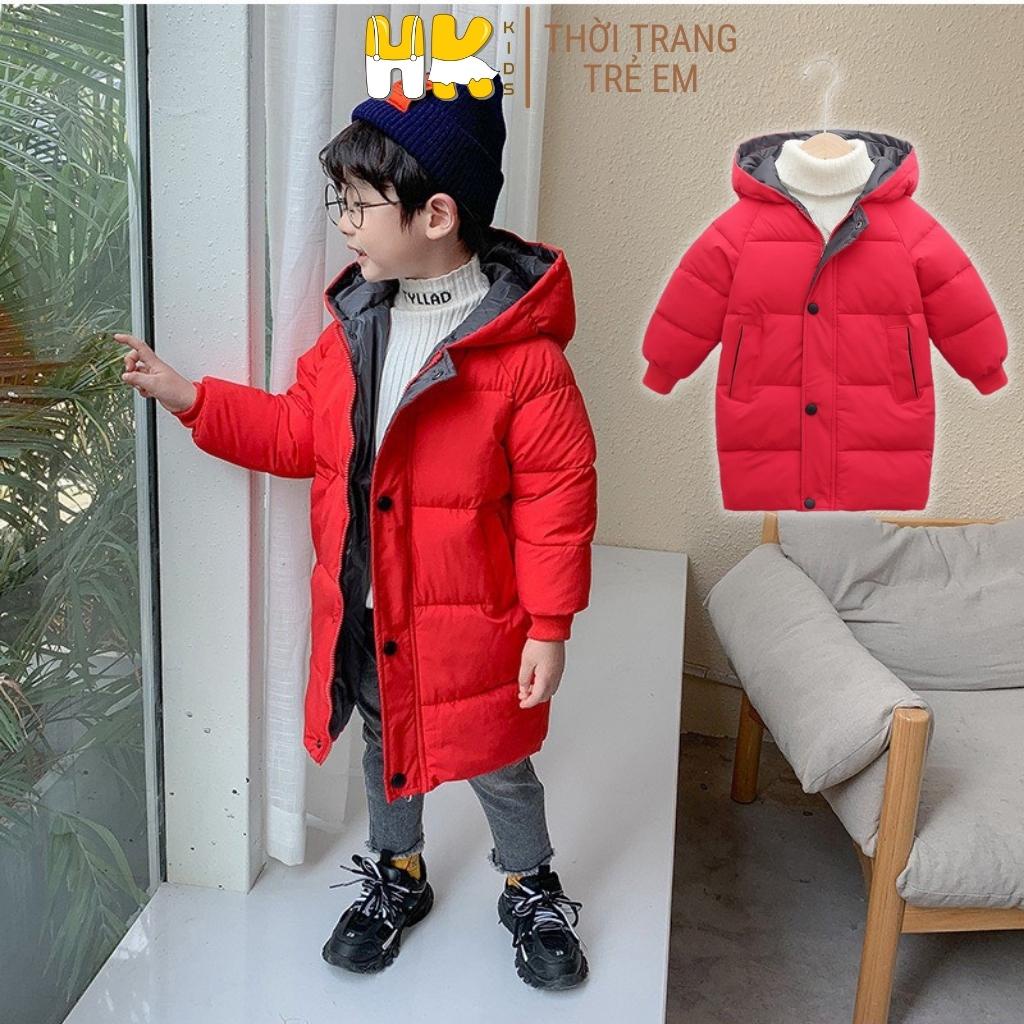 Áo phao cho bé HK KIDS, kiểu áo khoác dáng dài kèm mũ chất liệu siêu nhẹ cho bé từ 3 đến 10 tuổi