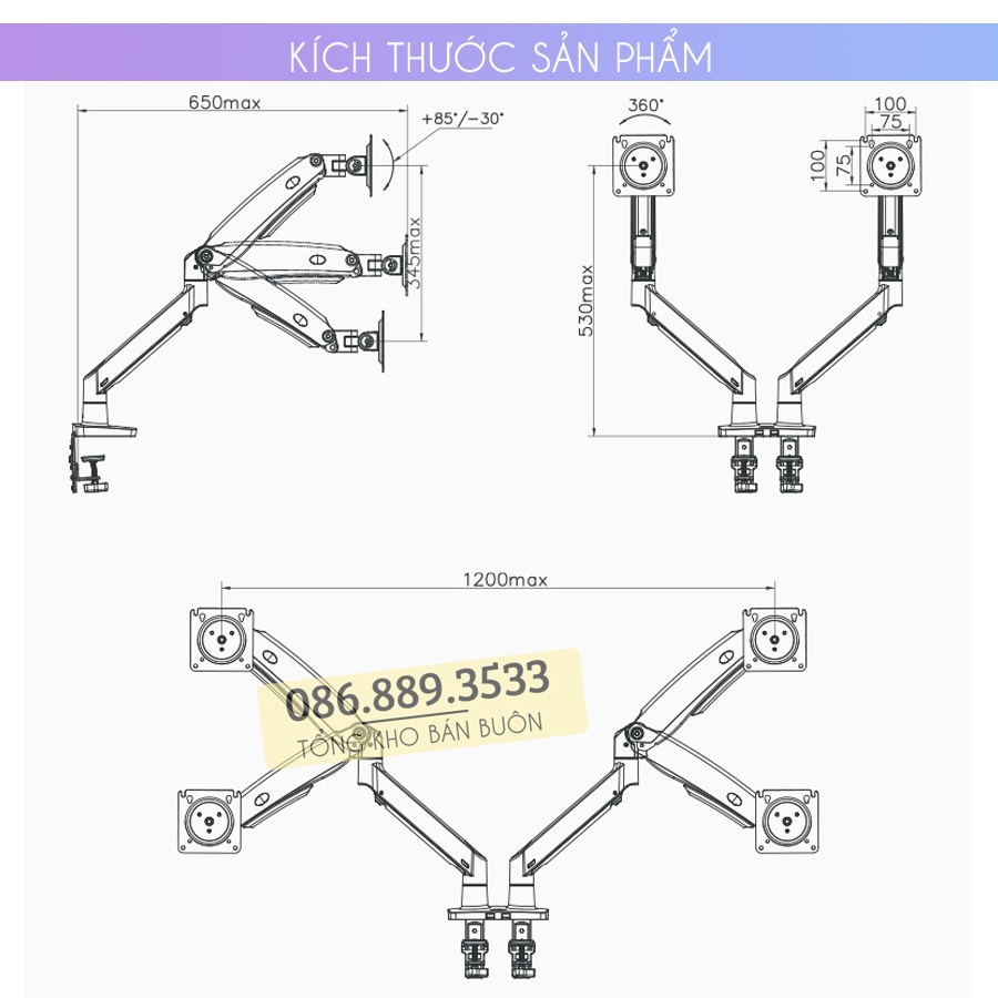 Giá Treo Hai Màn Hình NB F195A 22 - 32 Inch - Giá Treo Màn Hình Kép F195A - Tải Trọng 8Kg - Xoay 360 Độ