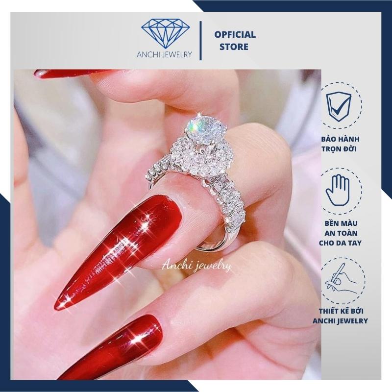 Nhẫn nữ bạc ý xi bạch kim đá chủ cao sang chảnh, trang sức bạc Anchi
