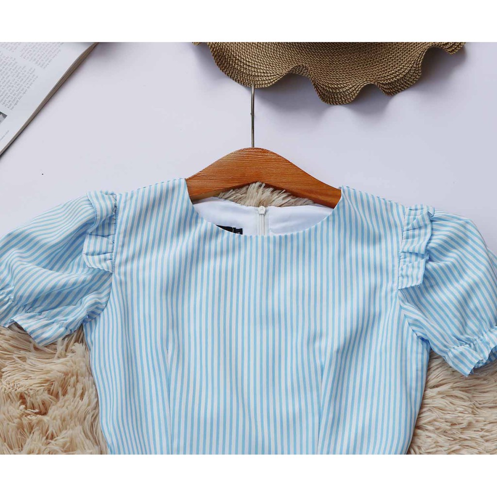 Đầm công sở nữ xanh dương dáng xòe mềm may 2 lớp thiết kế dễ thương dáng xòe tay ngắn thời trang công sở dự tiệc | BigBuy360 - bigbuy360.vn