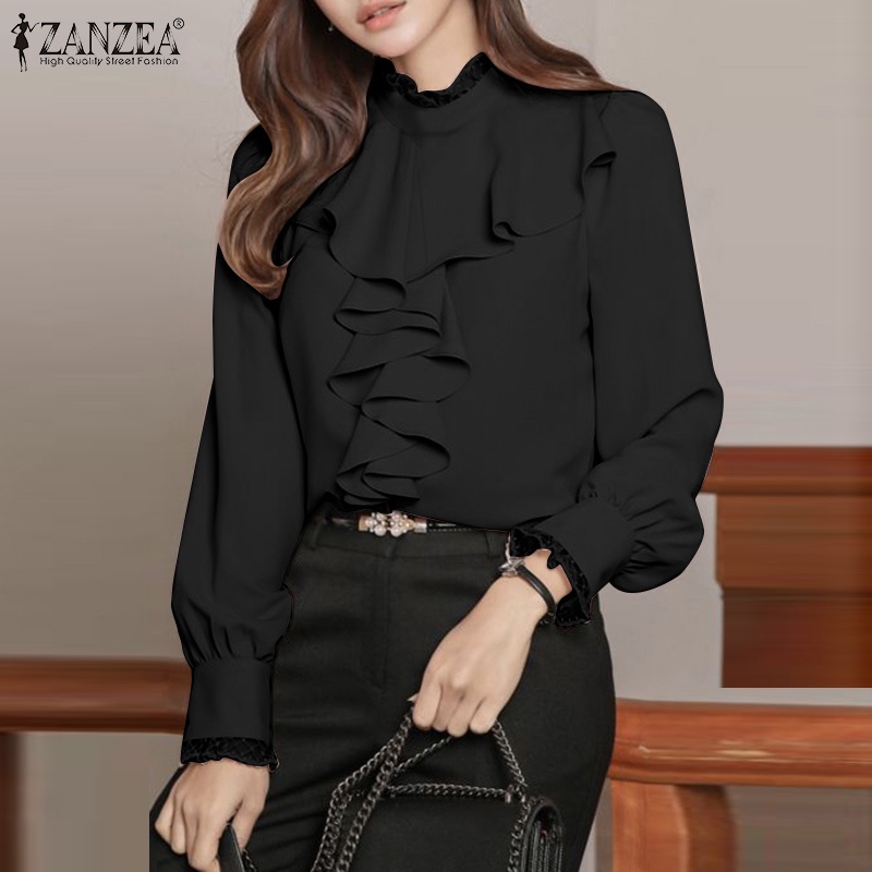 Áo Zanzea cổ cao tay dài bèo nhún cài nút sau lưng thời trang cho nữ