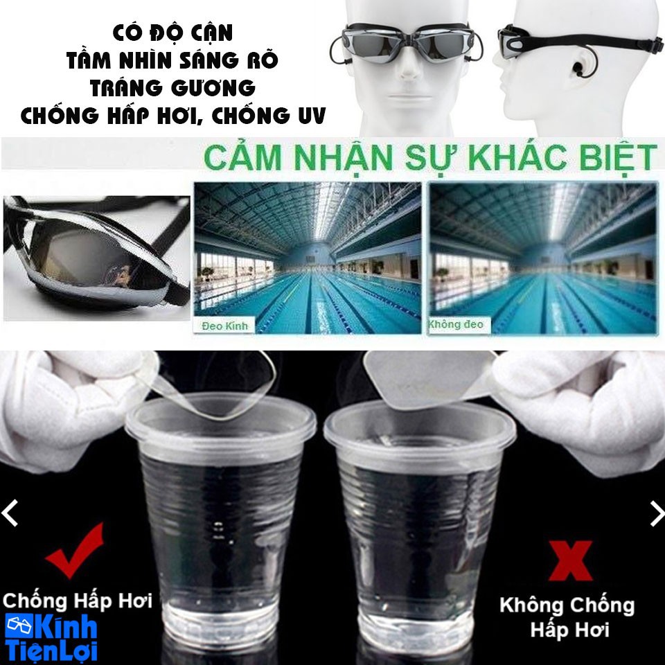 Kính bơi CẬN Chống UV Tráng Gương Chống Mờ Cao cấp Tặng Mũ Bịt Mũi