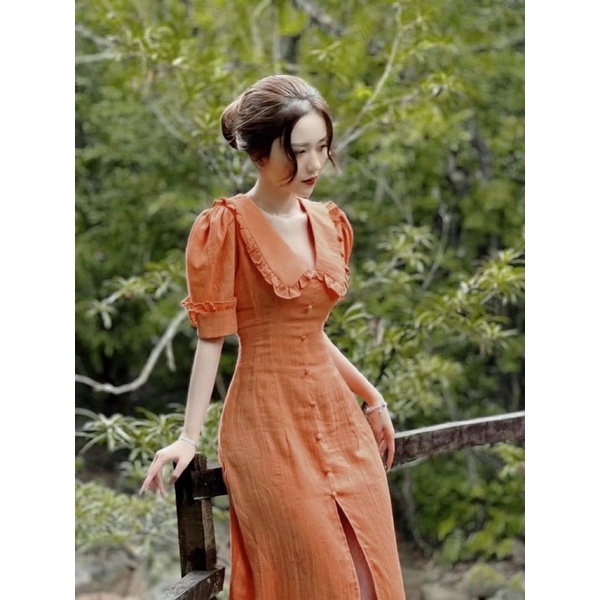 Đầm Cam Cổ Bèo Hai Lớp Cúc Bọc Vintage | BigBuy360 - bigbuy360.vn