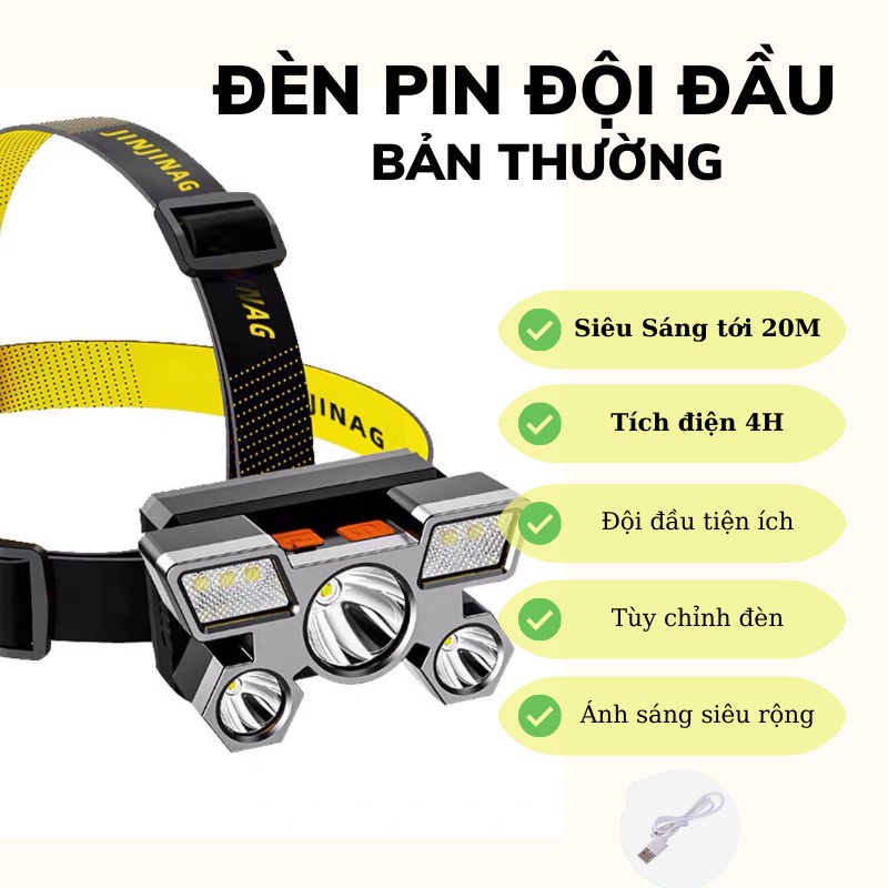 Đèn pin đeo đầu 5 bóng siêu sáng dùng pin sạc