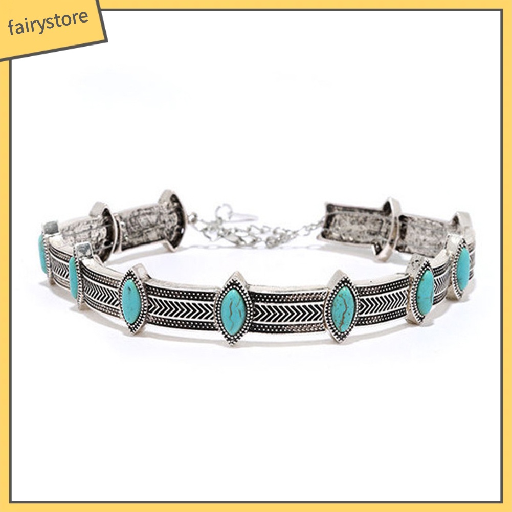 Vòng Cổ Choker Đính Đá Ngọc Lam Nhân Tạo Phong Cách Bohemian Thời Trang