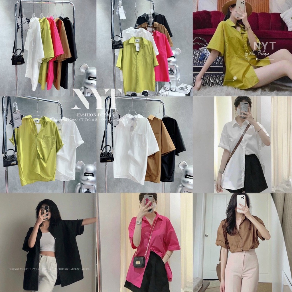 Áo sơ mi thô trơn dáng rộng mềm cộc tay