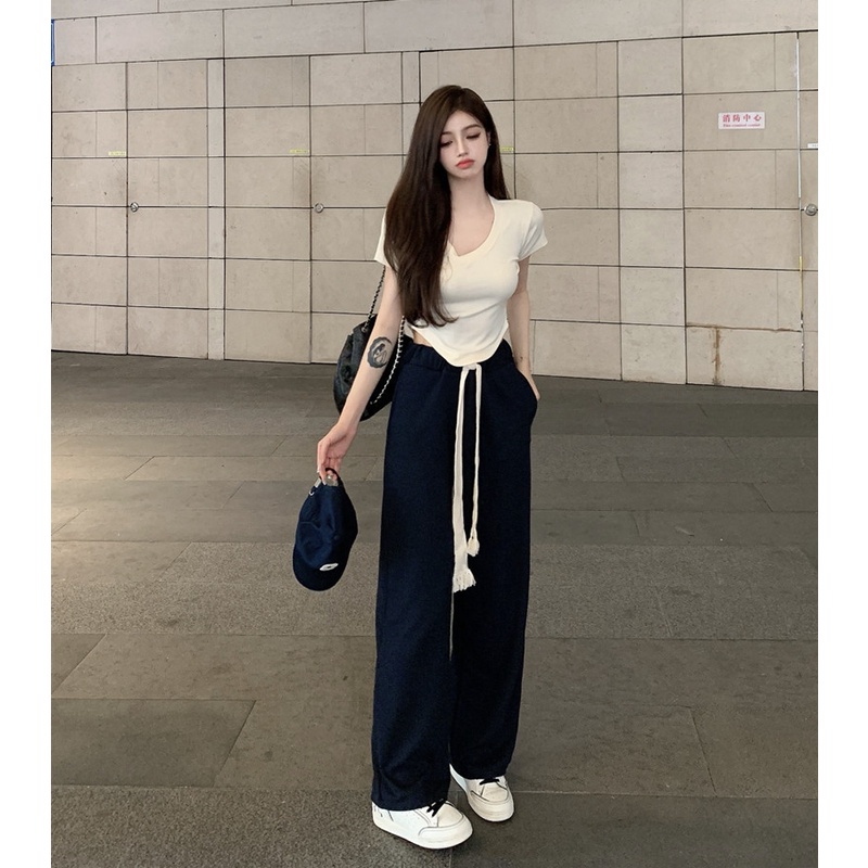 Quần Dài Thể Thao Lưng Thun Ống Rộng Rãi Màu Đen Thời Trang Hàn Quốc Sành Điệu Cho Nữ