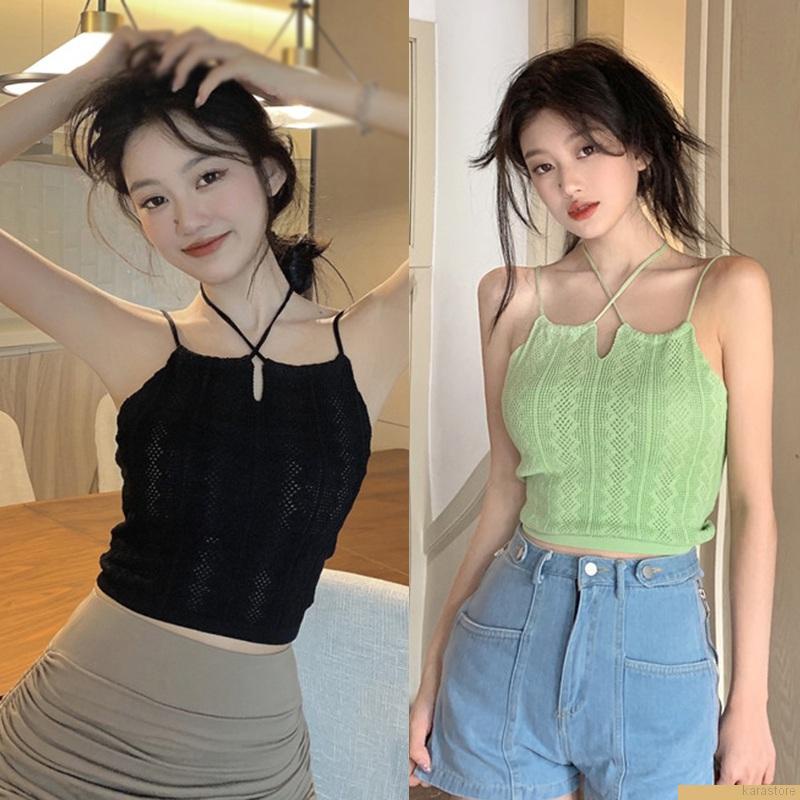 Áo dệt kim 2 dây màu trơn dáng ôm gợi cảm cho nữ