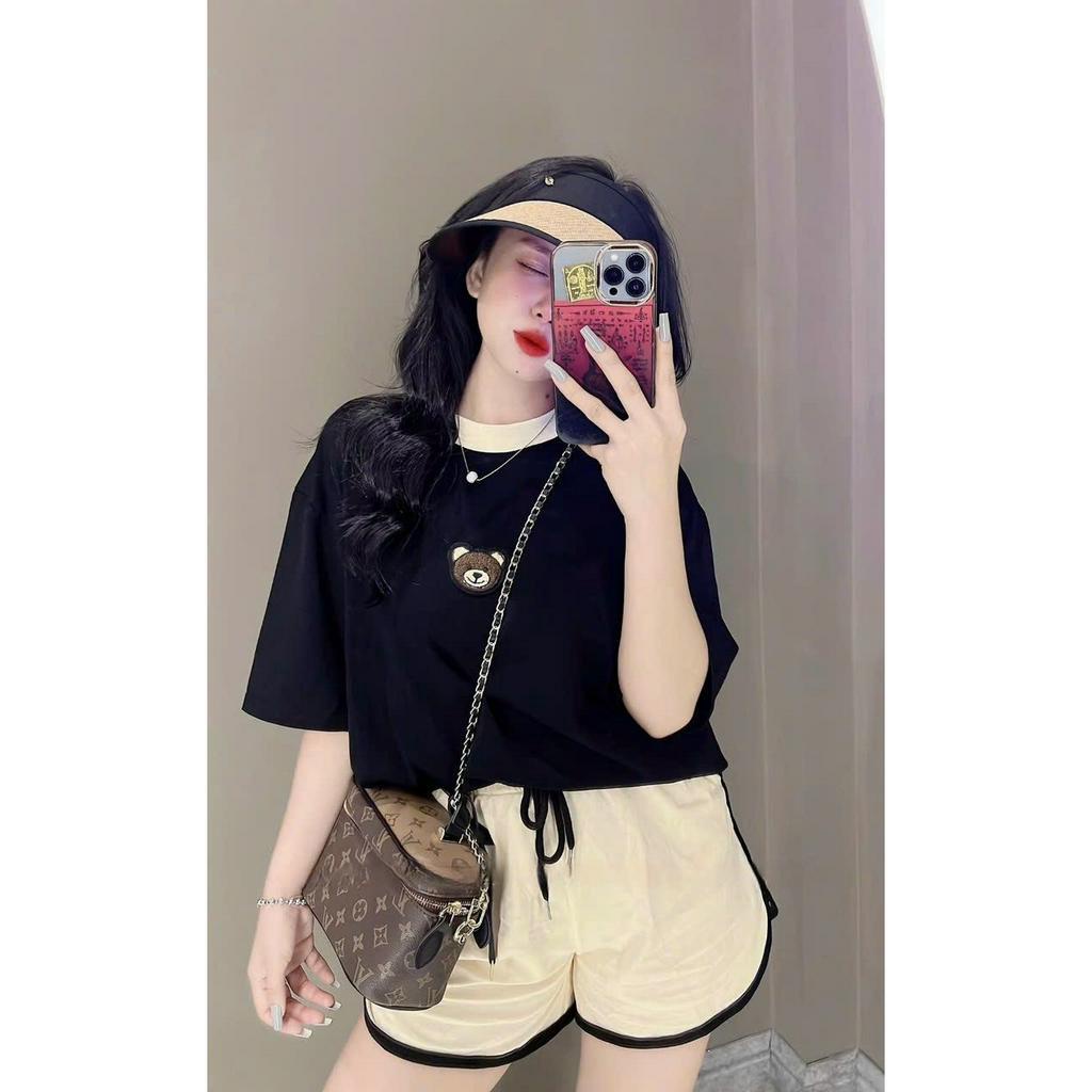 Sét bộ đồ nữ áo cổ tròn tay ngắn họa tiết thêu xinh xắn cá tính phối quần đùi trẻ trung năng động đi chơi