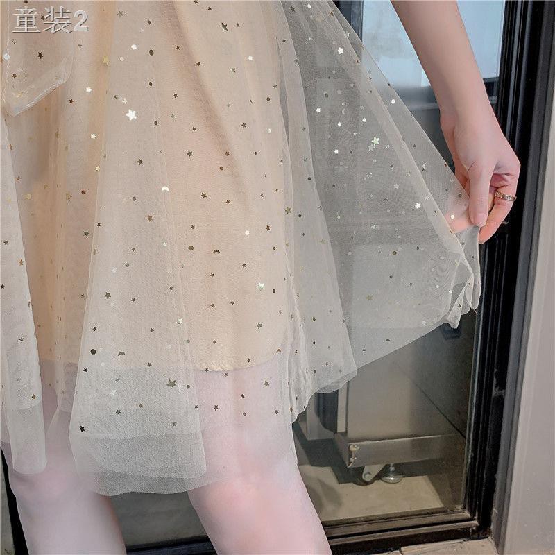 ☢❂phong cách thời trang mới mùa hè kiểu Pháp niche dress siêu tiên ngôi sao lưới gạc váy hai dây tây