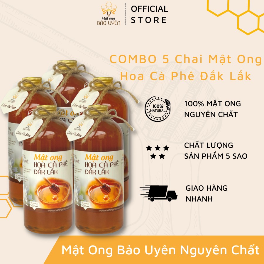 Combo 5 Chai Mật Ong Hoa Cà Phê 100% Nguyên Chất Bảo Uyên Tăng Cường Sức Đề Kháng Dung Tích Chai 500 ml
