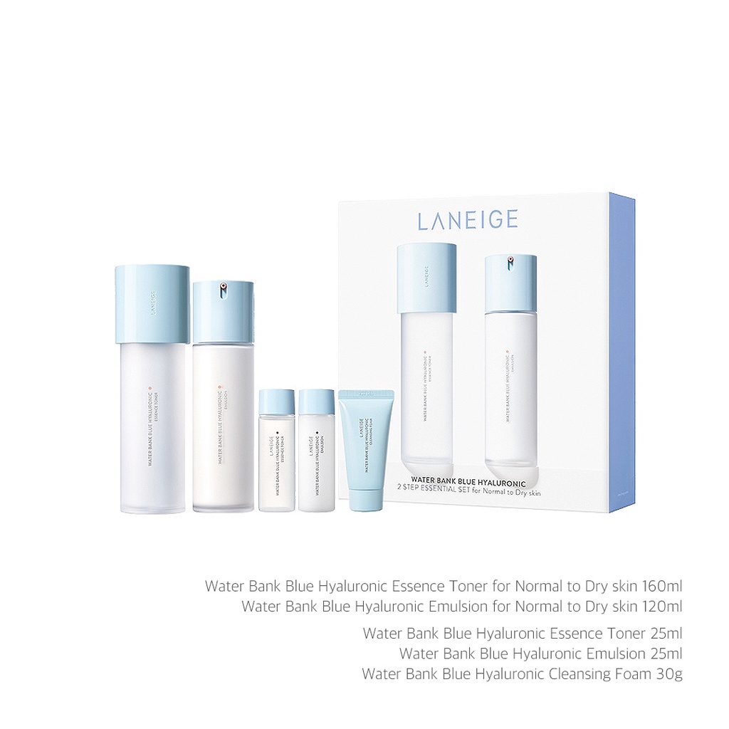 LANEIGE Water Bank Blue Hyaluronic Essence Toner / Emulsion / 2 Step Gift Set / 5 Step Essential Kit - For Normal to Dry Skin