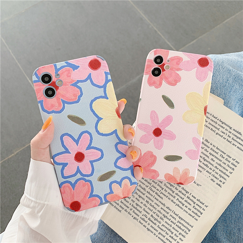 Ốp điện thoại da bảo vệ ống kính hoạ tiết hoa màu xanh dương kiểu tranh sơn dầu cho iPhone 12 Pro Max iP11 X XR | BigBuy360 - bigbuy360.vn