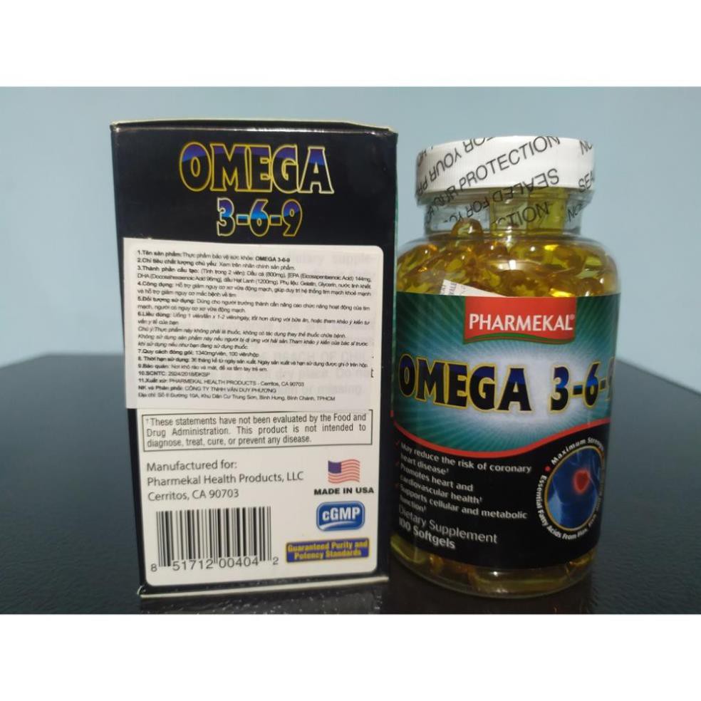 Omega 3-6-9 Pharmekal chứa tinh chất dầu cá, dàu gấc, omega, vitamin hỗ trợ sức khỏe, đẹp da, sáng mắt hộp 100 viên