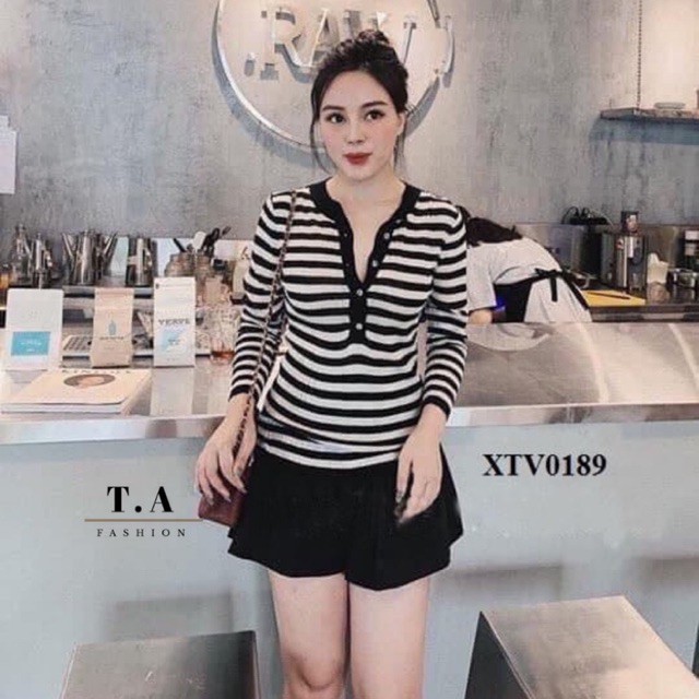 TUVA TYĐS Áo thu đông kẻ cổ trụ chất đẹp, Áo thun dài tay cúc ngực vải cotton co giãn CS1011 - NhiNhi Shop 25 95