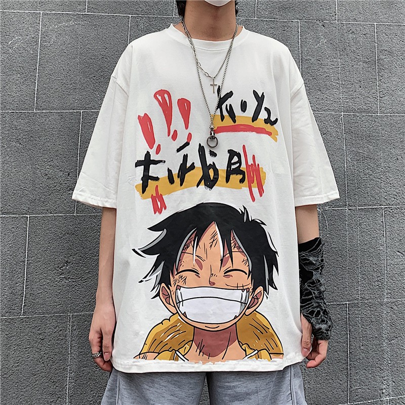 Áo thun tay ngắn dáng rộng in hoạt hình One piece phong cách Hàn Quốc thời trang dành cho nam size s-8xl