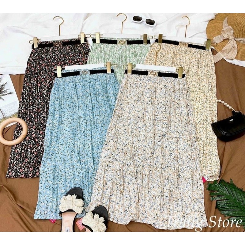 Chân váy hoa xếp li kèm đai thắt lưng