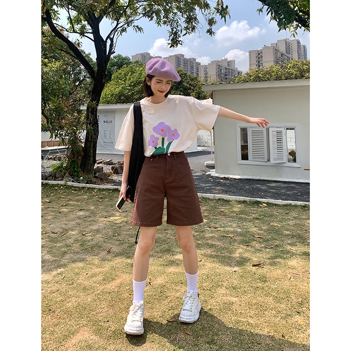 Quần Short denim Lưng Cao Ống Rộng Thời Trang retro Cho Nữ