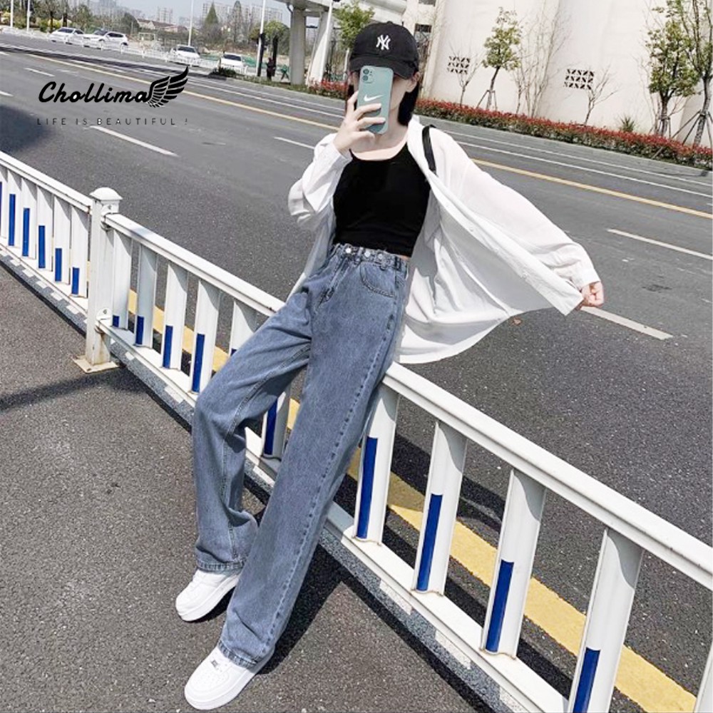 Quần baggy jeans nữ Chollima ống rộng SIMPLE JEAN dài 98cm gài cúc eo màu xanh nhạt QD041