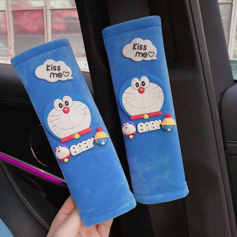 Bộ vỏ bọc tay lái/ phanh xe bằng lông nhung họa tiết Doraemon màu xanh dương thời trang dành cho nữ