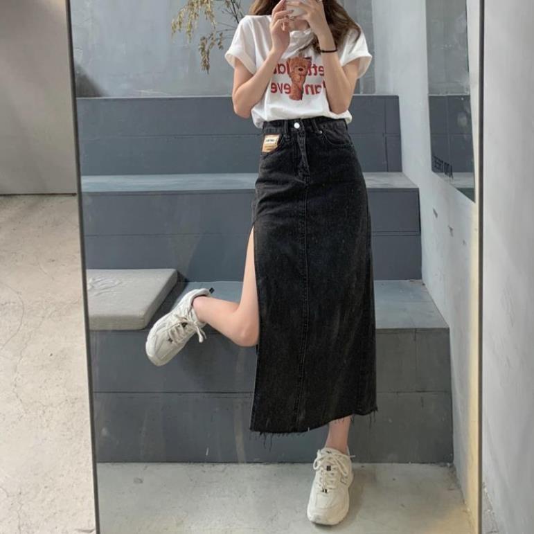 Yena Chân Váy Denim Lưng Cao Xẻ Tà Quyến Rũ Cho Nữ