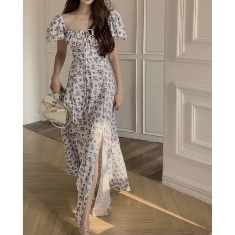 (Sẵn) Đầm maxi hoa xanh midi nhíu ngực xẻ đùi tay phồng | BigBuy360 - bigbuy360.vn