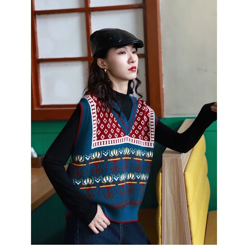 Áo len không tay cổ chữ v form rộng họa tiết hoa phong cách retro Hàn quốc