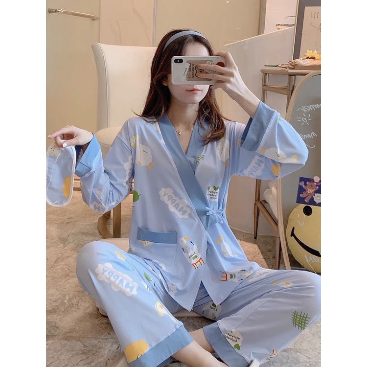 Bộ đồ bầu thu đông - Đồ bộ bầu dài tay KIMONO NHẬT BẢN chất thun sữa hoạt tiết dễ thương BD948
