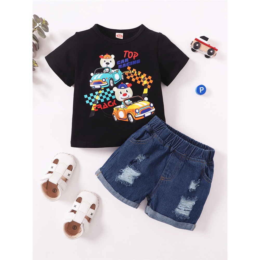 Bộ Trang Phục 2 Mảnh Gồm Áo Thun Tay Cộc In Hình Xe Hơi Hoạt Hình + Quần Denim Mùa Hè Cho Bé Trai